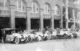 [Firefighters and equipment assembled in front of Firehall No. 2, Seymour Street]