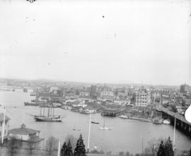 [View of Victoria, B.C., from the Parliament Buildings, showing James Bay Bridge and surrounding ...