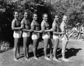 Hawaiian troupe, male members, swimmers, dancers, musicians who entertained excellently, August 1936