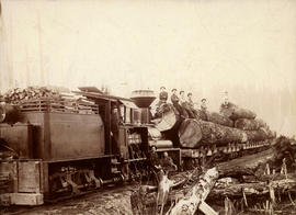 [Sultan Railway and Timber Company train with logs and crew]