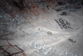 [Graffiti in skateboard park bowl]