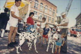 Vancouver Day attendees petting dalmatians