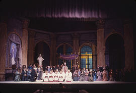 Performers on stage at Vancouver Opera's 1962 performance of Tosca, Act 1