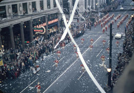 43rd Grey Cup Parade, on Granville Street at West Pender, cheerleaders, marching band , ticker ta...