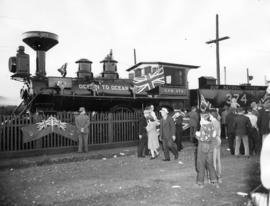 [C.P.R. locomotive No. 374 decorated for 60th anniversary celebrations at Kitsilano Beach]