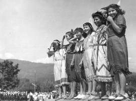 [Young First Nations women in costume for the Narvaez Pageant at Ambleside Park]