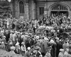 [Dean R.W.] Brock funeral procession [outside St. John's United Church at 1401 Comox Street]