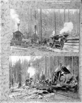 [Loggers with donkey engine and railway engine in forest]