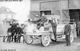[Firemen and the first motorized hose engine at No. 5 Fire Hall on Keefer Street]