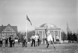 Archie McDiarmid winning the 16 lb. hammer at the Caledonian Games, distance 150 feet