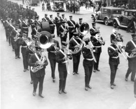 [View of Firemen's Band playing the funeral procession for Fireman Herbert E. Ellis, mortally inj...