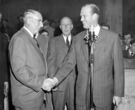 [Mayor Fred Hume shakes Robert H. Winters hand at the Post office corner stone ceremony]