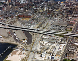 Aerial view of False Creek, Downtown Eastside and Chinatown, with Georgia Viaduct, at Quebec and ...