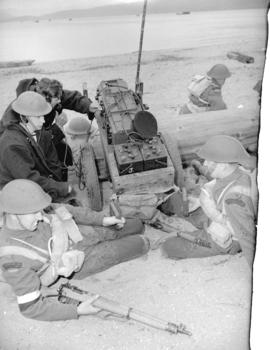 Army radio [operator and soldiers on] Kitsilano Beach