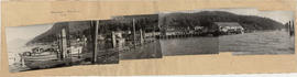 Arrandale cannery and buildings along wharf with floating dock and boats