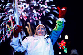 Day 78 Lois Handsen carries the flame in Sylvan Lake, Alberta