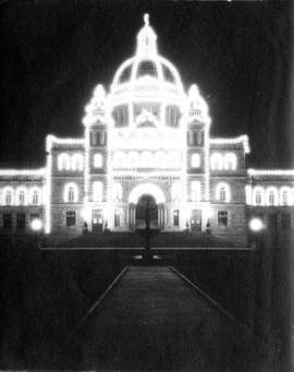 [The main B.C. legislature building at night]