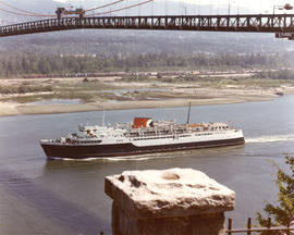 Aerial view of CP car ferry, "Princess of Vancouver" under Lions Gate Bridge