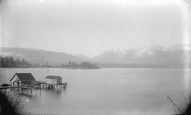 [Burrard Rowing Club clubhouse at the foot of Thurlow Street, on wharf next to shed and fish net ...