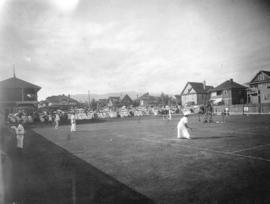 [A tournament in progress at the Vancouver Lawn Tennis Club at 940 Denman Street]