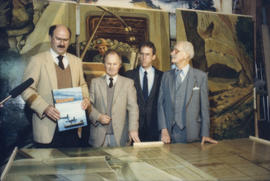 Mike Harcourt, Ferdinand Petrov, unidentified man and Fraser Wilson in front of mural