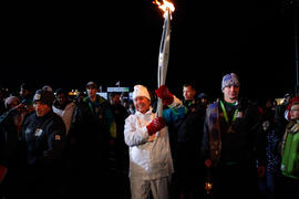 Day 90 Torchbearer 141 Nancy Greene Raine carries the flame in Kamloops, British Columbia