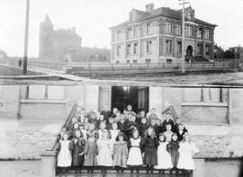 [Central School and Miss Margaret Spillman's class on the steps]