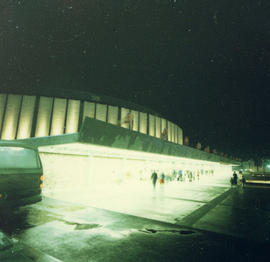 Pacific Coliseum illuminated exterior at night