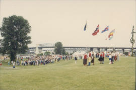 Scandinavian Festival attendees and flags at Vanier Park