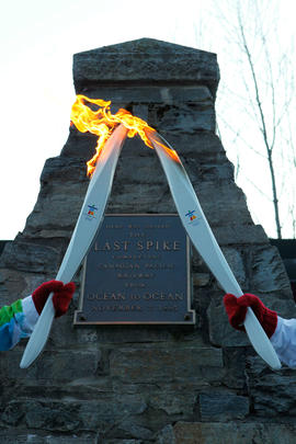 Day 90 Torches kiss in Craigellachie (Last Spike), British Columbia