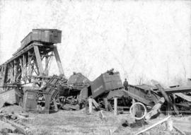 [Railway accident site, showing collapsed trestle]