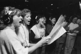 Group in recording studio at Griffiths Gibson Productions