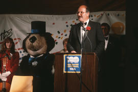 Mike Harcourt speaking at Vancouver's 99th birthday celebration at the Vancouver Museum