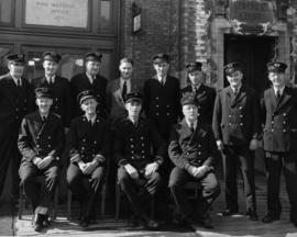 [Group portrait of Fire Wardens in front of Firehall No. 1 on Cordova Street]