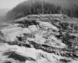 View of Seymour Falls Dam construction area for slab and buttress section, looking east from old ...
