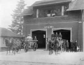 [Horse drawn engines and firemen in front of Fire Hall No. 11 - Corner of 12th Avenue and St. Cat...