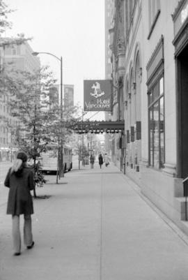 Entrance awning of the Hotel Vancouver from Burrard Street sidewalk