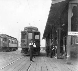 [A streetcar at the B.C. Electric Railway station on the west side near the north end of the Gran...