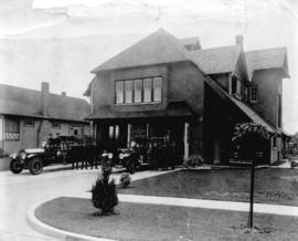 Firefighters and equipment assembled in front of Point Grey Firehall, 12th Avenue and Trimble Str...