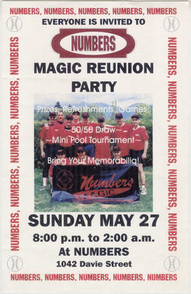 Everyone is invited to Numbers : magic reunion party : Sunday, May 27 at Numbers, 1042 Davie Street