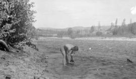 Hugh Matthews, son [of] Major Matthews, panning gold Similkameen River, near Princeton, 1919 or 1920