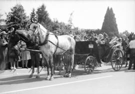 Group in horse drawn carriage at Lumberman's Arch for the rededication of Stanley Park