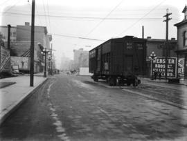 [British Columbia Electric freight car on streetcar lines at Granville and Drake Streets, for rec...