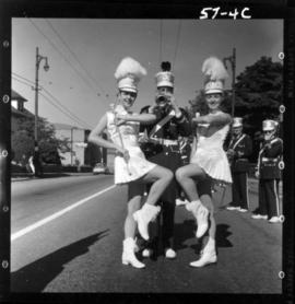 Majorettes with trumpeter in 1957 P.N.E. Opening Day Parade