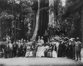 [Men and women posing in front of Hollow Tree, Stanley Park]
