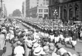 [Officers and crew of H.M.S. "Hood" and "Repulse" on parade on Hastings Street]