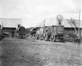 [Covered wagons on the Cariboo Road hauling machinery to La Fontine]