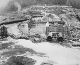 General view of Seymour Falls Dam construction of the looking east from old screen room