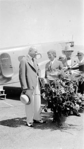 [Stewardess Dorethea Bow and L.D. Taylor at Sea Island Airport for the opening of the United Airl...