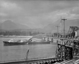 The S.S. Norwich City just after she had crashed under the 300 foot span : April 24, 1928